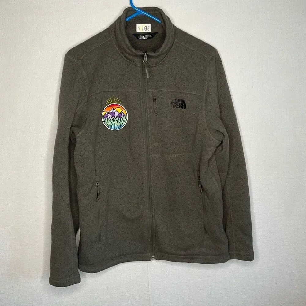 The North Face Knit Jacket mens M ZipUp Sherpa Lined Fleece Khaki Green‎ Sweater